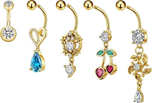 Gold Belly Button Rings for Women, 5PCS Dangle Belly Rings Set with Heart, Moon, Butterfly, Zircon Charms, Stainless Steel Belly Piercing Jewelry in Saudi Arabia