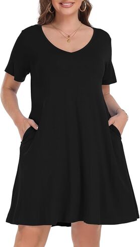 MONNURO Women's Casual Summer T Shirt Plus Size Dress Loose Short Sleeve V Neck Tunic Dress with Pocket in Saudi Arabia