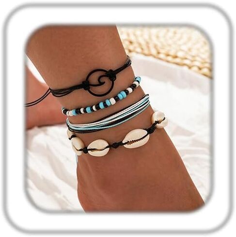 4Pcs Shell Anklets for Women Beaded Foot Chain Anklet Bracelets Boho Layered Shell Anklet Set Beach Gift jewelry in Saudi Arabia