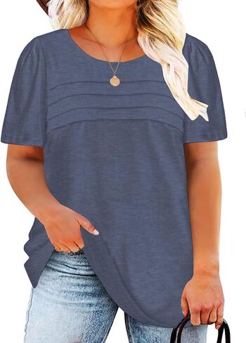 DOLNINE Plus Size Tops for Women Summer Puff Short Sleeve Shirts Casual Pleated Crewneck Tees in Saudi Arabia