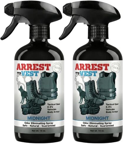 رذاذ إزالة الروائح الكريهة من الدرجة العسكرية والشرطة من Arrest My Vest لرائحة درع الجسم، والعتاد التكتيكي. آمن على K9. آمن على جميع السترات والأقمشة الباليستية - عطر منتصف الليل - زجاجتان سعة 16 أونصة in Saudi Arabia