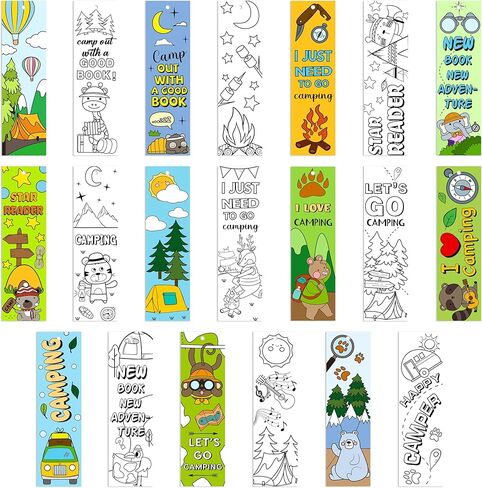 ANGOLIO 123Pcs Camping Color Your Own Bookmarks for Kids Funny Camping Tent Jungle Animals Campfire DIY Coloring Blank Book Markers for Teachers Students Classrooms Arts & Crafts Party Rewards in Saudi Arabia