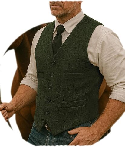 Hunting Mens Herringbone Vests Western Tweed Waistcoats Cowboy Vest for Men Vintage Casual in Saudi Arabia