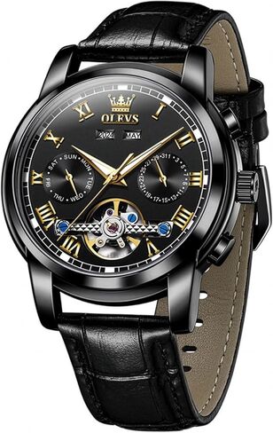OLEVS Mechanical Dress Mens Watches Square Brown Leather Strap Moon Phase Skeleton Tourbillion Day Date Waterproof Luminous Men's Wrist Watches in Kuwait