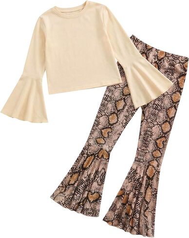 WDIRARA Girl's 2 Piece Flounce Sleeve Top and Leopard Print Bell Leg Bottom Pants Set in Kuwait