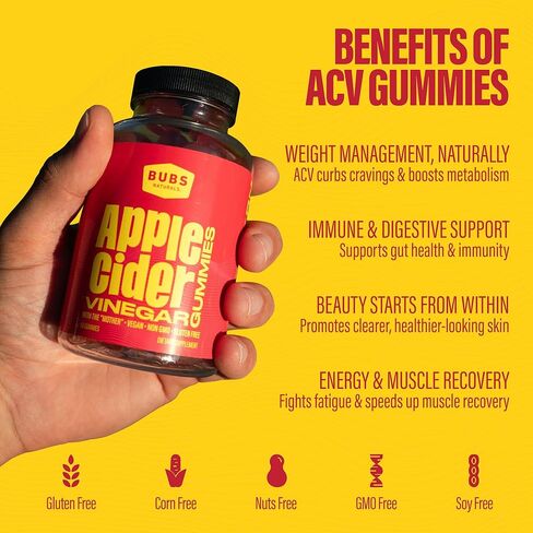 BUBS Naturals Apple Cider Vinegar Gummies - with The Mother - All Natural Vegan ACV Gummy Vitamins - Supports Detox, Digestion - Promotes Energy, Boosts Metabolism, B Vitamins - 60 Count in Saudi Arabia