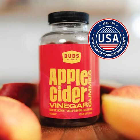 BUBS Naturals Apple Cider Vinegar Gummies - with The Mother - All Natural Vegan ACV Gummy Vitamins - Supports Detox, Digestion - Promotes Energy, Boosts Metabolism, B Vitamins - 60 Count in Saudi Arabia