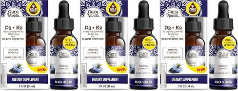 GuruNanda Black Seed Oil, Cold-Pressed Nigella Sativa - Rich in Vitamin D3 5000 Units, K2 & E, High Thymoquinone | Potent Antioxidant for Immune Support, Non-GMO, 2 Fl.oz in Kuwait