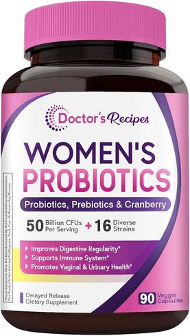 Doctor's Recipes البروبيوتيك النسائي، 50 مليار وحدة تشكيل مستعمرة، 16 سلالة، مع البريبايوتكس العضوي التوت البري، ثابت على الرف، إصدار متأخر، 120 كبسولة (عبوة من 2)، كمية تكفي 60 يومًا in Kuwait