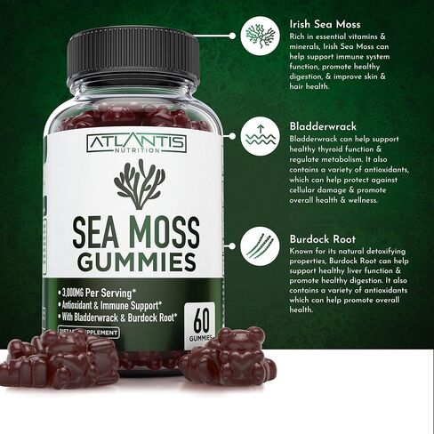 Irish Sea Moss Gummies - 3000MG - Formulated with Irish Sea Moss, Bladderwrack & Burdock Root. Rich in Essential Vitamins & Minerals - Rich in Antioxidants - Advanced Superfood Supplement - 60 Gummies in Saudi Arabia