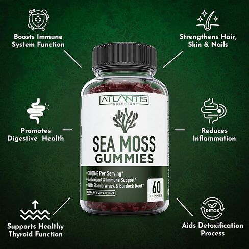 Irish Sea Moss Gummies - 3000MG - Formulated with Irish Sea Moss, Bladderwrack & Burdock Root. Rich in Essential Vitamins & Minerals - Rich in Antioxidants - Advanced Superfood Supplement - 60 Gummies in Saudi Arabia