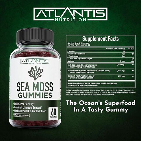 Irish Sea Moss Gummies - 3000MG - Formulated with Irish Sea Moss, Bladderwrack & Burdock Root. Rich in Essential Vitamins & Minerals - Rich in Antioxidants - Advanced Superfood Supplement - 60 Gummies in Saudi Arabia