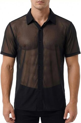 Men's Mesh Sheer Solid Short Sleeve Collar Button Front Party Shirt Tops in Saudi Arabia