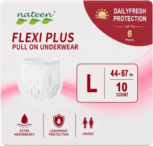 ملابس داخلية Nateen Flexi Plus للكبار لعلاج سلس البول، للجنسين طوال الليل بالإضافة إلى سحب لأعلى للرجال والنساء، سراويل حفاضات فائقة الامتصاص للبالغين، مقاس غير مرئي، متوسط، 10 قطع in Saudi Arabia