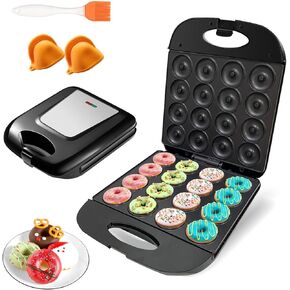 2026 Mini Donut Maker Machine for Home, Kid-Friendly 16-Hole Electric Doughnut and Pancake Maker with Non-Stick Surface, Ideal for Homemade Doughnuts (Black with Mini Oven Gloves & Brush) in Saudi Arabia