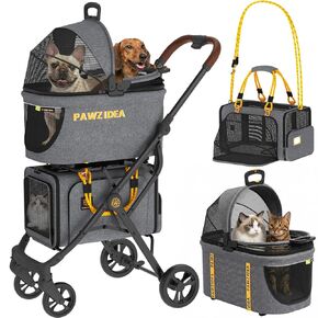 PAWZIDEA Double Pet Stroller with 2 Detachable Carrier, Lightweight Portable Travel Crate & Car Seat Combo & TSA-Approved Expandable Carrier, Foldable Jogger Stroller for 2–4 Cats or Small/Medium Dogs in Kuwait