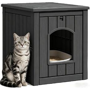 Cat Litter Box Enclosure, Multi-Functional Enclosed Cat Litter Box Furniture, Outdoor Cat House Weatherproof, Openable Front Door & Raised Floor, Easy to Clean & Assemble, Black in Kuwait