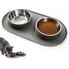 Double Cat Food Bowls with Silicone Base, Stainless Steel Dishes, Non-Slip Feeding & Water Station, Easy-Clean Pet Bowls for Cats, 1.75-Cup Capacity Each, Grey in Kuwait