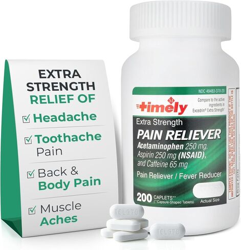 Timely Extra Strength Headache Relief - Acetaminophen with Aspirin & Caffeine (200 Caplets) - Headache, Migraine & Back and Body Pain & Muscle Aches - Compares to Excedrin Extra Strength - Made In USA in Saudi Arabia