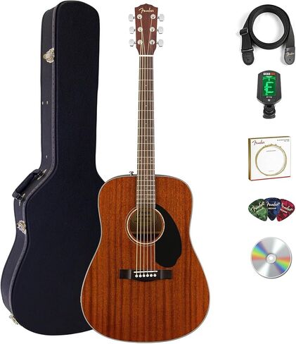 جيتار Fender CD-60S ذو قمة صلبة Dreadnought الصوتية - حزمة كاملة من الماهوجني مع حافظة صلبة وموالف وحزام وأوتار ولقطات وأقراص DVD التعليمية لأوستن بازار in Kuwait