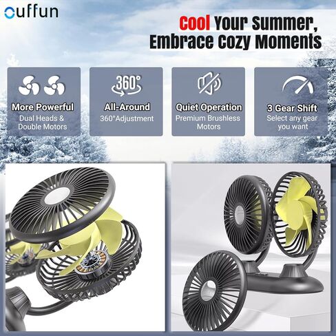 Car Fan, USB Portable Fan for Car with 3 Wind Speed, 360 Degree Rotatable Dual Head Car Fans, Strong Wind Electric Auto Fans for Car Dashboard SUV RV Truck Boat Van Sedan Home Office in Saudi Arabia