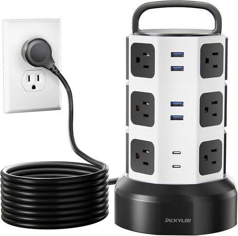 حامي برج قطاع الطاقة، JACKYLED 1625W 13A برج كهربائي عرام، 12 منفذ 6 منافذ USB محطة شحن سلك قابل للسحب مع سلك تمديد شديد التحمل 16AWG 6.5 قدم للمكتب المنزلي in Kuwait