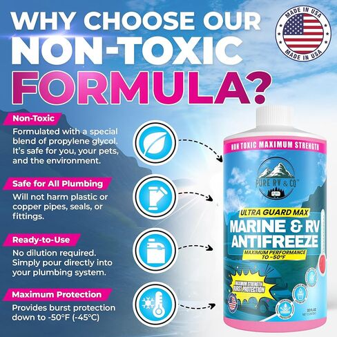 Ultra Guard Max RV Antifreeze -50°F | Non-Toxic Pink Marine Antifreeze | Potable Water Safe Glycerin Formula | Camper, Boat, Pool Winterizing Fluid | Made in USA, 32oz Bottle in Saudi Arabia