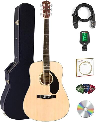 جيتار صوتي متين من Fender CD-60S - حزمة طبيعية مع حافظة صلبة، موالف، حزام، سلاسل، اختيارات، دروس Fender Play عبر الإنترنت، وأقراص DVD التعليمية لأوستن بازار in Saudi Arabia