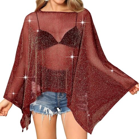 Womens Sparkly Sheer Poncho Top Glitter Mesh See Through Poncho Shawl Batwing Sleeve Asymmetrical Cape Tops Party Club Outfit in Saudi Arabia