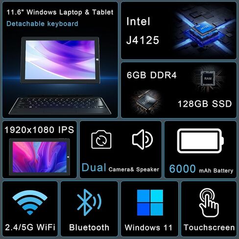 لابتوب زاوفيبو 11.6 انش، تابلت ويندوز 10 هوم 6+128GB، لابتوب 2 في 1 بشاشة لمس 1920×1080 FHD بشاشة كبيرة 1920×1080 يأتي مع دعامة وكيبورد قوي 5000mAh - اسود in Saudi Arabia