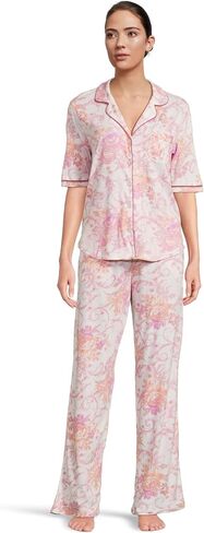 Karen Neuburger Women's Button Up Notch Collar Elbow Sleeve Top and Pant Bottom with Lace 2-Piece Pajama Set in Saudi Arabia