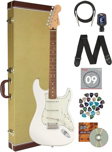 Fender Player Stratocaster® HSS - حزمة بولار وايت مع حافظة تويد ممتازة، وكابل، وموالف، وحزام، وأوتار، ولقطات، وأقراص DVD لأساسيات جيتار أوستن بازار in Saudi Arabia