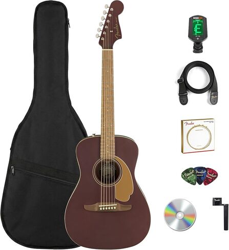حزمة جيتار كهربائي صوتي من Fender Malibu Player مع حقيبة أزعج زرقاء منتصف الليل، وحزام، وموالف مشبك، وأوتار، ولفاف سلسلة، ولقطات، وأقراص DVD التعليمية لأوستن بازار - Sunburst in Saudi Arabia