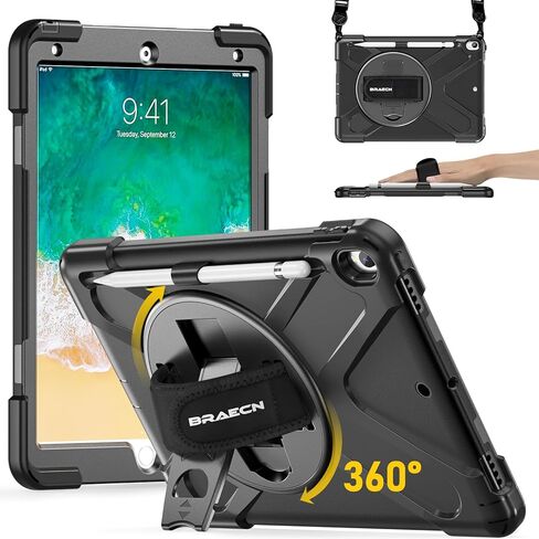 BRAECN for iPad Air 3 10.5 Case 2019,iPad Pro 10.5 Case 2017- Heavy Duty Shockproof Case Cover with Pencil Holder,Rotating Stand/Hand Strap,Carrying Shoulder Strap Fit iPad Air 3rd Gen Case 10.5-Black in Saudi Arabia