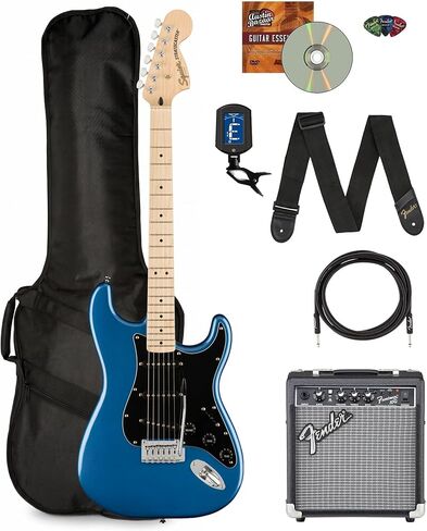 إصدار محدود من Fender Squier Affinity Stratocaster HSS - حزمة بيضاء أولمبية مع مضخم صوت Frontman 10G، وكابل الآلة، وحقيبة الحفلة، والموالف، والحزام، واللقطات، وأقراص DVD التعليمية لأوستن بازار in Kuwait
