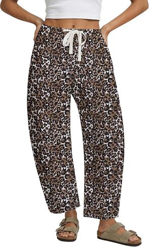 GRAPENT Barrel Jeans for Women Trendy High Waisted Pull On Wide Leg Cropped Leopard Cheetah Print Stretchy Denim Pants in Saudi Arabia