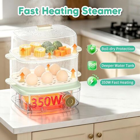 Electric Food Steamer for Cooking, 2-Tier Rapid Egg Cooker, Stackable Steam Cooker for Baby Food, Meal Prep, Quick Healthy Cooking for Vegetables, BPA-Free, 30-Min Timer, 3 Containers&1 Spoon Included in Kuwait