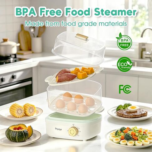 Electric Food Steamer for Cooking, 2-Tier Rapid Egg Cooker, Stackable Steam Cooker for Baby Food, Meal Prep, Quick Healthy Cooking for Vegetables, BPA-Free, 30-Min Timer, 3 Containers&1 Spoon Included in Kuwait