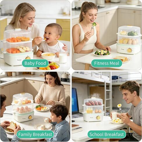 Electric Food Steamer for Cooking, 2-Tier Rapid Egg Cooker, Stackable Steam Cooker for Baby Food, Meal Prep, Quick Healthy Cooking for Vegetables, BPA-Free, 30-Min Timer, 3 Containers&1 Spoon Included in Kuwait