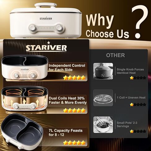 Stariver Hot Pot Electric with Divider, 7L Shabu Shabu Pot, 2-Temp Control (Separate Settings per Side) Non-Stick Hotpot Pot Electric, Perfect for Family Dinners & Parties in Kuwait