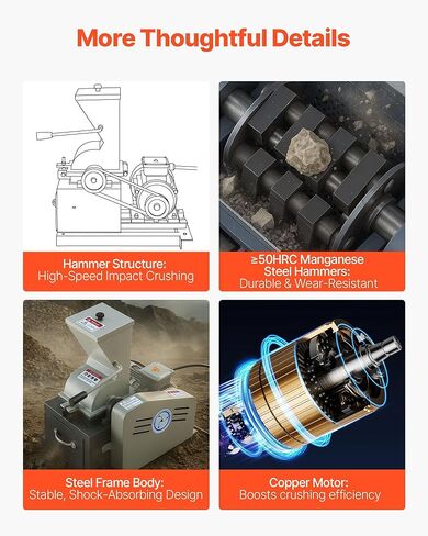 VEVOR Hammer Crusher, 2.5KW 220V Electric Rock Stone Shatter Grinder, Glass Crushing Machine with 100 to 200 kg/h Crushing Capacity, Coal Crusher Milling Machine with 0.12/0.24/0.4 inch Sieve Screens in Kuwait