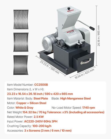 VEVOR Hammer Crusher, 2.5KW 220V Electric Rock Stone Shatter Grinder, Glass Crushing Machine with 100 to 200 kg/h Crushing Capacity, Coal Crusher Milling Machine with 0.12/0.24/0.4 inch Sieve Screens in Kuwait