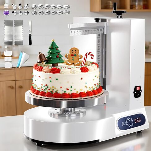 WantJoin Cake Decorating Machine - 4-12 Inch Sloped Panel LED Automatic Cream Spreading with Adjustable 0-300 RPM Rotation Speed Electric Turntable, Cake Icing Machine, White in Kuwait