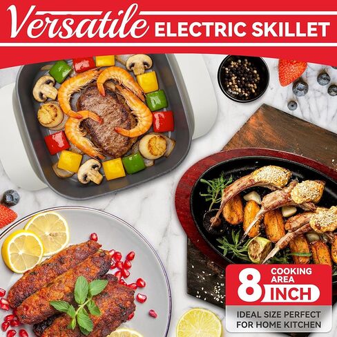 مقلاة كهربائية مطلية بالسيراميك مقاس 8 بوصات من SugarWhisk مع غطاء، مقلاة كهربائية غير لاصقة، تسخين سريع، 650 واط، مقلاة الإفطار، أجهزة مطبخ للطهي، أبيض in Kuwait