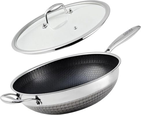 Garvee Wok Pan, 13 Inch Stainless Steel Woks with Lid, Non Stick Stainless Steel Woks for Induction, Hybrid，Electric, Gas, Halogen, All Stoves, Professional PFOA Free Cookware, Dishwasher in Kuwait