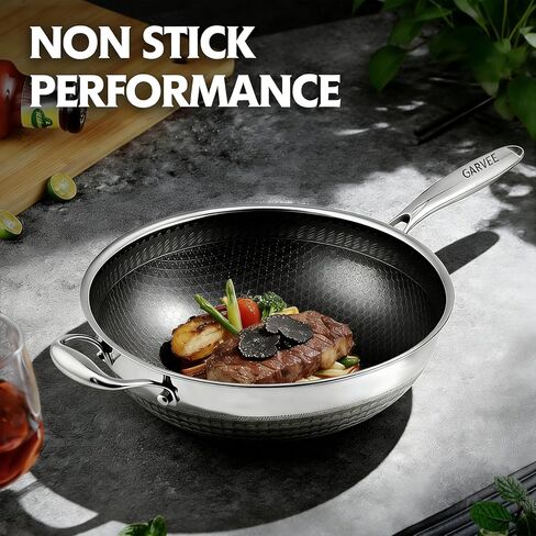 Garvee Wok Pan, 13 Inch Stainless Steel Woks with Lid, Non Stick Stainless Steel Woks for Induction, Hybrid，Electric, Gas, Halogen, All Stoves, Professional PFOA Free Cookware, Dishwasher in Kuwait