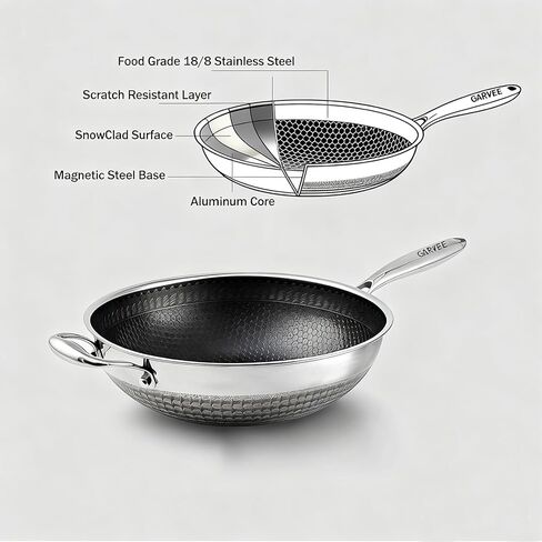 Garvee Wok Pan, 13 Inch Stainless Steel Woks with Lid, Non Stick Stainless Steel Woks for Induction, Hybrid，Electric, Gas, Halogen, All Stoves, Professional PFOA Free Cookware, Dishwasher in Kuwait