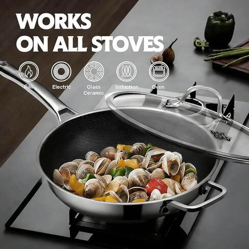 Garvee Wok Pan, 13 Inch Stainless Steel Woks with Lid, Non Stick Stainless Steel Woks for Induction, Hybrid，Electric, Gas, Halogen, All Stoves, Professional PFOA Free Cookware, Dishwasher in Kuwait
