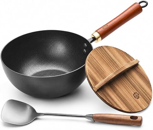 WANGYUANJI 8.7-Inch Carbon Steel Mini Wok, Flat Bottom Small Stir Fry Pan for 1–2 Servings, Uncoated Textured Wok for Gas, Electric, Ceramic & Induction Stoves, with Lid & Spatula in Kuwait