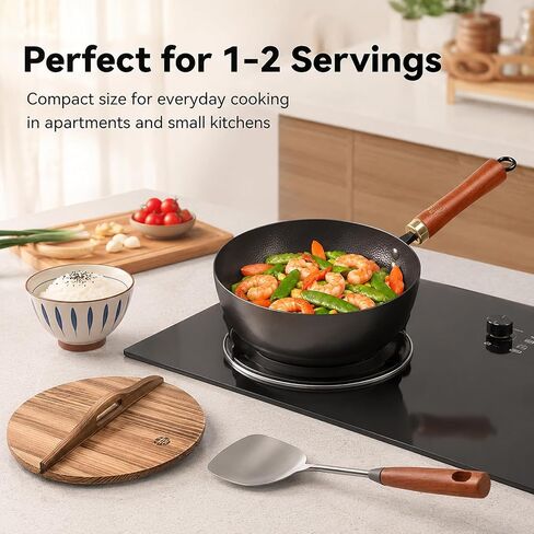 WANGYUANJI 8.7-Inch Carbon Steel Mini Wok, Flat Bottom Small Stir Fry Pan for 1–2 Servings, Uncoated Textured Wok for Gas, Electric, Ceramic & Induction Stoves, with Lid & Spatula in Kuwait